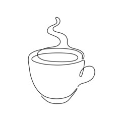 Cup of coffee, one single continuous line drawing. Simple abstract outline beautiful mug with steam beverage. Vector illustration