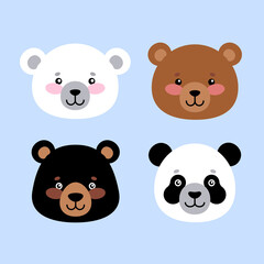 Charming bears: white, brown, black, panda. Set of cute animals portraits in flat style. Vector illustration.