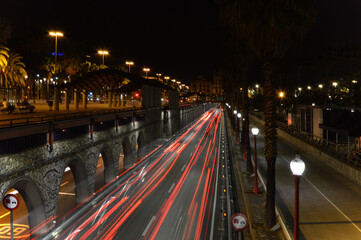 Barcelona (Spain). Night view of the coastal round of the city of Barcelona