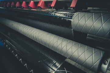 Thermal Transfer Ribbon Slitting and Rewinding Machine. Film cutting unit. A group of blades of a...