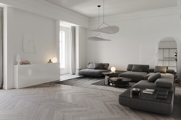 3d rendering of modern white living room with grey sofa and marble table, carpets on wooden parquet, wall with big  mirror and decor bas-relief