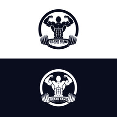 Bodybuilder posing double biceps , circle , gym, barbell, shredded, 6 abs half body Vector illustration