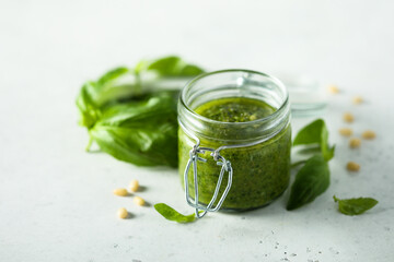 Traditional homemade pesto sauce, canned