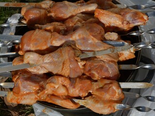 Barbecue chicken meat on grid and skewers grilled on a summer day outdoors