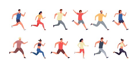 Fototapeta na wymiar Running people. Cartoon athlete and runner men and women wearing sport clothes, jogging and running marathon. Vector isolated set