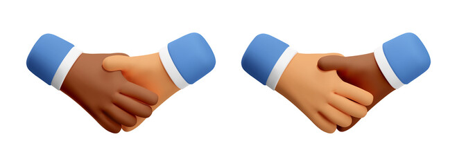 3d hand shake icon gesture. Unity diverse partnership concept. Vector cartoon handshake clip art. Realistic render deal illustration for social media