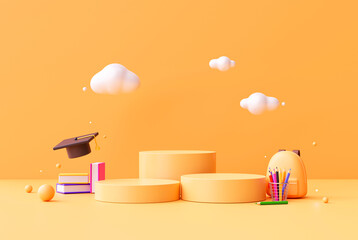 Yellow podium or product display pedestal Stationery equipment children education sale advertising concept on yellow background 3d rendering