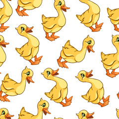 Seamless pattern with funny ducks. Comic characters on a white background. Children's print with poultry. Cartoon style, vector illustration.