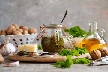 Homemade pesto made from ground elder or Aegopodium podagraria plant