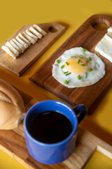 Breakfast - Healthy - Banana, Cheese, Eggs, Bread, Coffee - Yellow Background - serie 