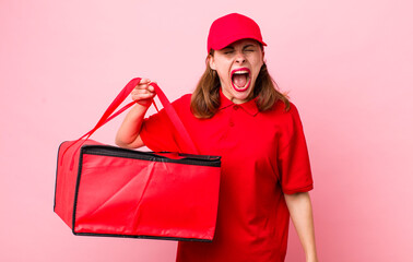 young pretty woman  shouting aggressively, looking very angry. pizza delivery concept