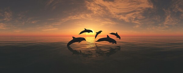 Dolphins at sunset playing in the sea, seascape with dolphins in the background of the sun, 3d rendering