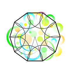 Black regular decagon and colourful circles. Geometric shapes. Picture was created May 2021 year in Russia.