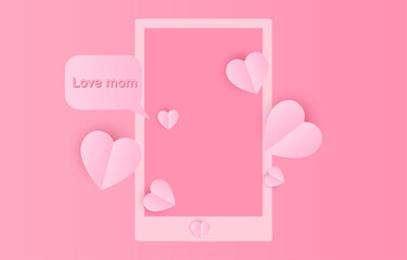 Mobile frame decorated with pink paper cut hearts. mothers day concept