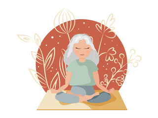 Obraz premium International Yoga Day is a hand-drawn flat illustration in boho style. A beautiful girl is sitting in a lotus position in silhouettes of tropical plants. Vector illustration in cartoon style