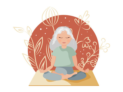 International Yoga Day is a hand-drawn flat illustration in boho style. A beautiful girl is sitting in a lotus position in silhouettes of tropical plants. Vector illustration in cartoon style