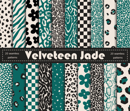  Set of emerald green, white and black seamless patterns with animal fur texture and geometric shapes.