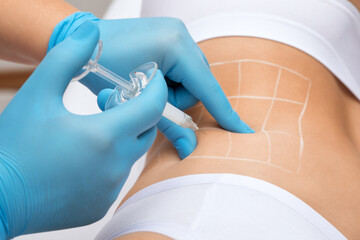 cosmetologist makes lipolytic injections to burn fat on the stomach and waist of a woman. Female...