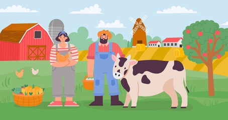 Obraz premium Farm life, people woman man with cow