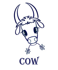 The image of a cow, a graphic drawing on a white background with an inscription
