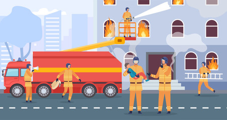 Naklejka premium Flat fire emergency vector concept, firefighter and truck