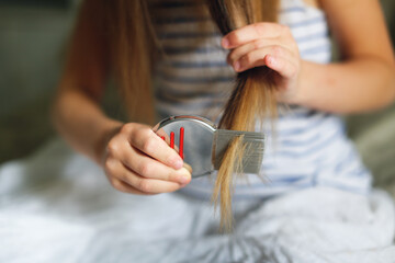 Long-haired European girl child with lice comb, protection. Health and pharmaceutical concept,...