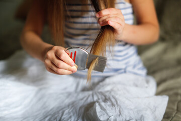 Long-haired European girl child with lice comb, protection. Health and pharmaceutical concept,...