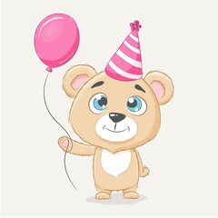Cute baby bear with party hat and heart balloons. Postcard. Greeting card. Card with a wish. card with bear cub and balloons. Bear holding balloons. Happy Birthday vector illustration.