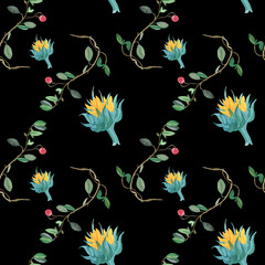 Watercolor seamless pattern with red lingonberries and yellow sunflowers on isolated black background.Autumn,textural,botanical hand painted print.Designs for wrapping paper,packaging,textiles,fabric.