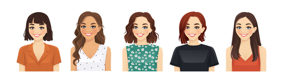 Portrait of casual women with different hairstyles and outfits isolated vector illustration - obrazy, fototapety, plakaty