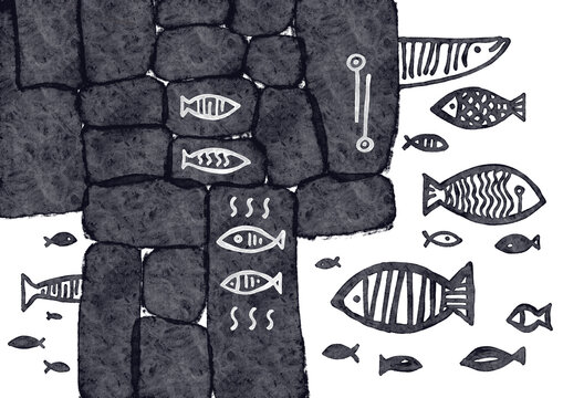 Abstract art background. hand drawing stones with fish.