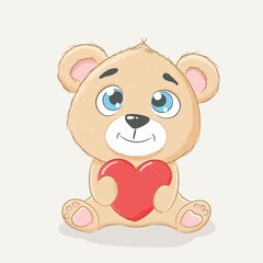 Obraz na płótnie Canvas Cute baby bear with a heart. Greeting card with bear cub. Cartoon vector illustration.