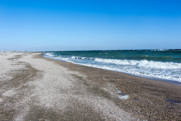 Empty beach.Big waves.Nobody on the beach. Daytime photography