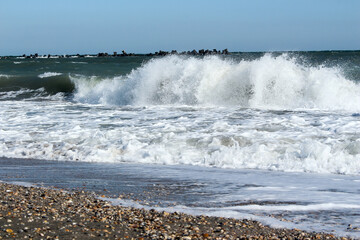Empty beach.Big waves.Nobody on the beach. Daytime photography