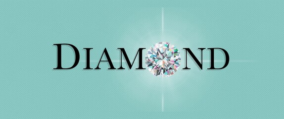 Diamond Word Text Illustration with Diamond and Lens Flare on Tiffany Blue Coloured Background.  - obrazy, fototapety, plakaty