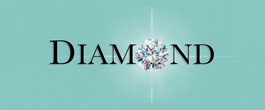 Diamond Word Text Illustration with Diamond and Lens Flare on Tiffany Blue Coloured Background. 