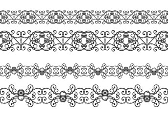Black curls with gears, cogwheels and chains on a white. Seamless horizontal border for greeting card, packaging, wrapper, website, printing on fabric, textile, clothes, bags, tape and ribbon. Vector