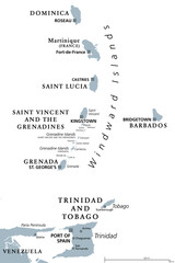 Windward Islands, gray political map. Islands of Lesser Antilles, south of Leeward Islands in the Caribbean Sea. From Dominica, Martinique, Saint Lucia, Saint Vincent and the Grenadines, to Grenada. - obrazy, fototapety, plakaty
