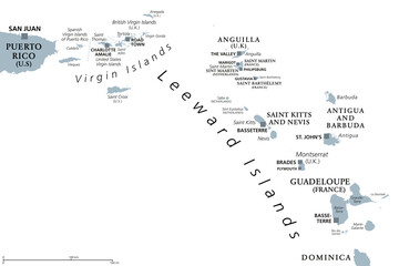 Leeward Islands, gray political map. Part of Lesser Antilles, north of Windward Islands in the Caribbean. Virgin Islands, Anguilla, St Kitts and Nevis, Antigua and Barbuda, Montserrat, and Guadeloupe.