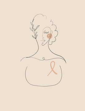 recommend clip art: Breast cancer day icon, aesthetic female portrait with pink ribbon, vector symbol isolated on pink background, template for flyer, banner. The concept of caring for women s health.