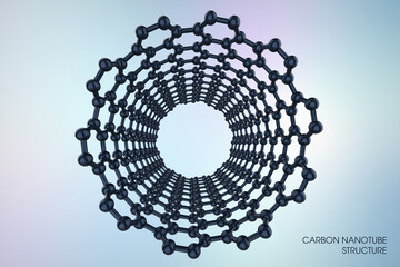 Carbon nanotube, 3D illustration showing hexagonal carbon structure of a nanotube, also known as buckytube