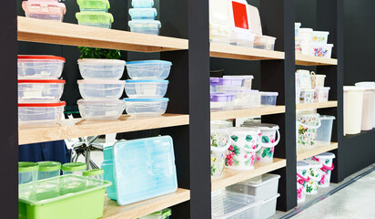 Plastic kitchen food containers in store
