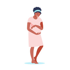 Happy smiling black woman pregnant holds her belly in pink dress isolated on white. Pregnancy and motherhood concept. Vector flat illustration. Design cute young pregnant woman poster, card, banner