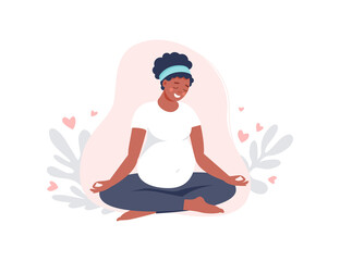 Black woman pregnant meditating in lotus pose isolated on pink. Pregnancy female practicing yoga. Vector flat illustration. Concept of maternity and healthy lifestyle for banner, landing page, card
