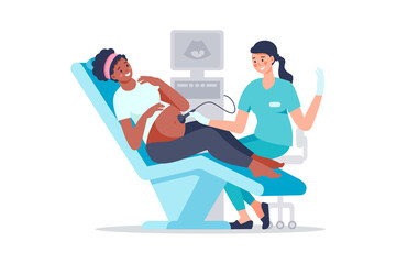Sonographer scanning and examining black woman pregnant in hospital medical office. Examination during pregnancy. Concept of medicine ultrasound scan. Happy future mother at medical checkup.