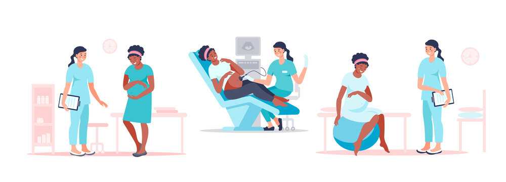 Black pregnant woman visiting doctor for examination, sonographer scanning, preparing for childbirth. Happy future mother at medical checkup. Pregnancy and maternity concept. Vector flat illustration

