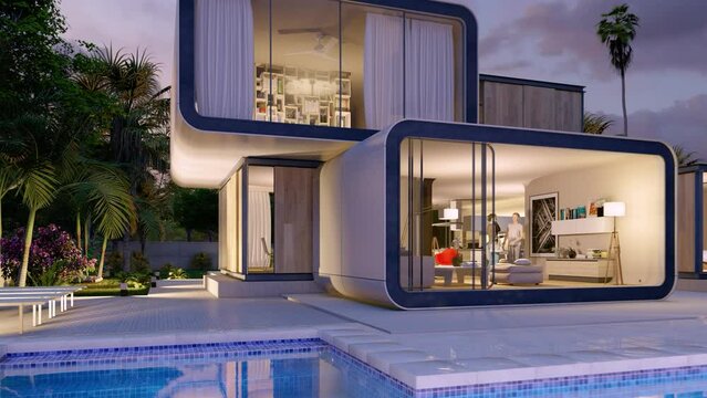 Luxury modular home with pool and garden at dusk