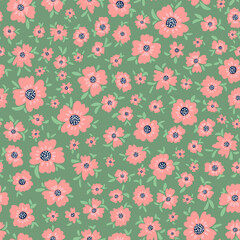 Flowers with leaves seamless repeat pattern. Random placed, vector botany all over surface print on green background.