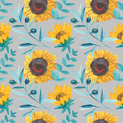 Watercolor seamless pattern with turquoise leaves and yellow sunflowers on an isolated gray background.Autumn,textural,botanical hand painted print.Designs for wrapping paper,packaging,textiles,fabric