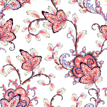 Seamless paisley pattern with pink baroque leaves and flowers. Hand drawn oriental tiles with turkish kukumber or buta. Vector laced decorative background. Floral textile. Indian or turkish motif